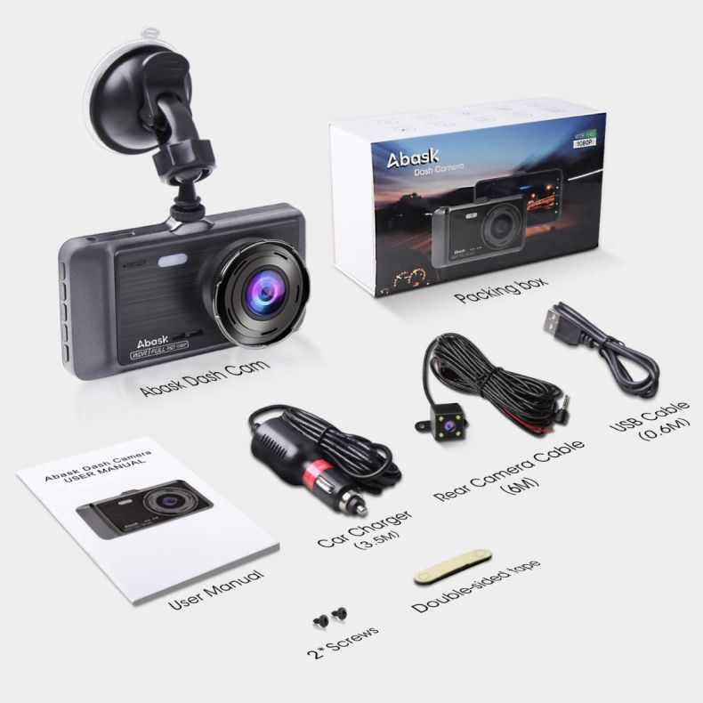 310° Wide Angle Abask Dash cam Front and Inside with 32G SD Card Included,1080P+1080P Dash Camera for Cars Night Vision WDR G-Sensor Parking Monitor Loop Recording Motion Detector Dash Cam 