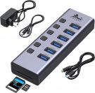 LIONWEI USB 3.0 6-Port Hub Active with Power Supply Multiple Port Splitter for Charging and Data Transfer with SD/TF Card Reader On/Off Switch
