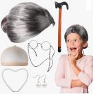 Children's Costume Grandma Wig Cap, Glasses Chain, Pearl Chain, Earrings, Bracelet and Inflatable Stick for Carnival and Masquerade 