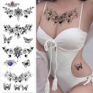 Black 3D flowers and butterflies large Waterproof temporary tattoo set for women - 12 patterns (17x24 cm)