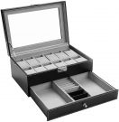 Men's Leather Lockable Watch - Jewellery Box with 12 Compartments (black) 